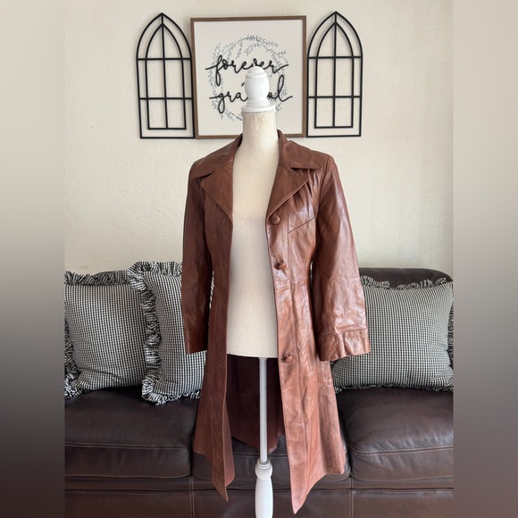 Vintage Rare 24K By Dan Di Modes Brown Leather Belted Trench Coat Fall - Picture 15 of 16